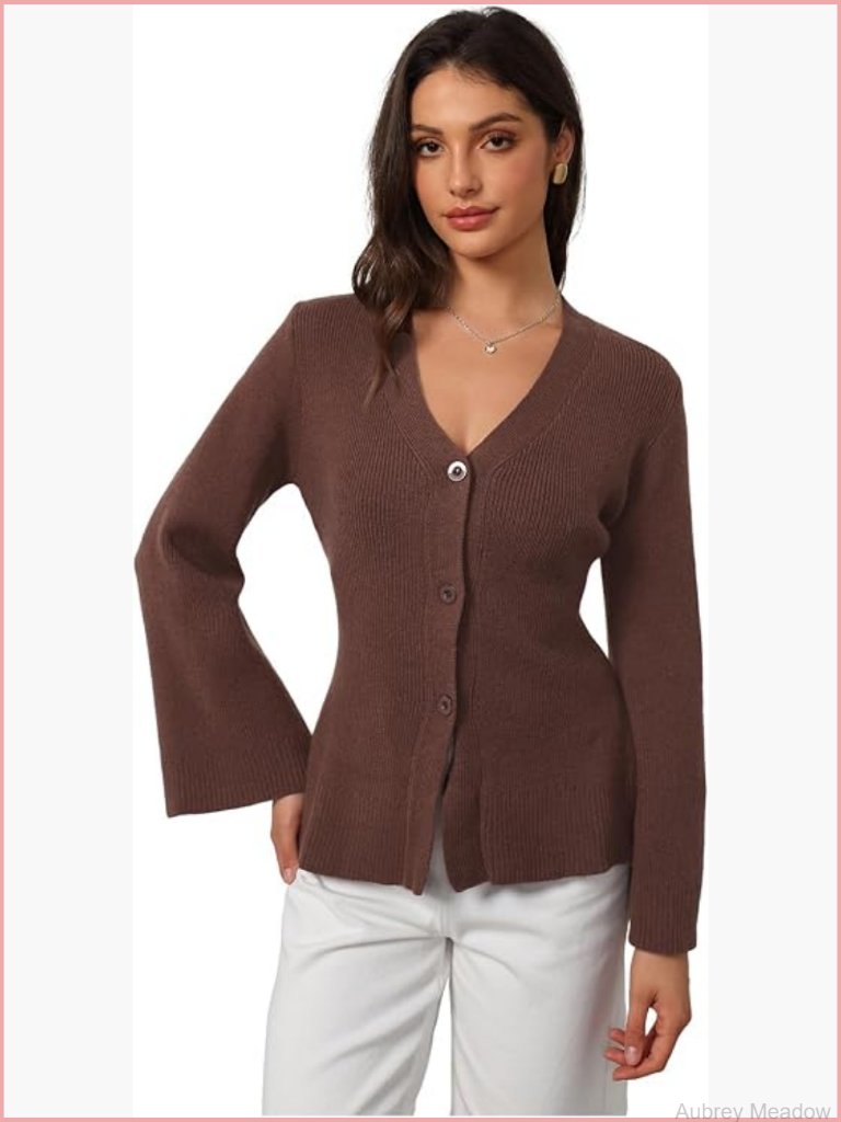 Y2k Long Bell Sleeve Cardigan Sweater V-Neck Button Down Open Front Knit